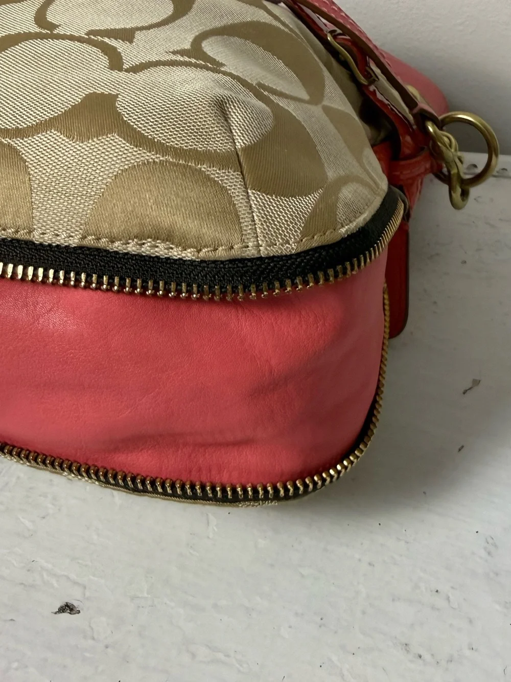 Coach Light Khaki/Coral Bonnie Signature Logo Print Fold Over Crossbody Bag 1339